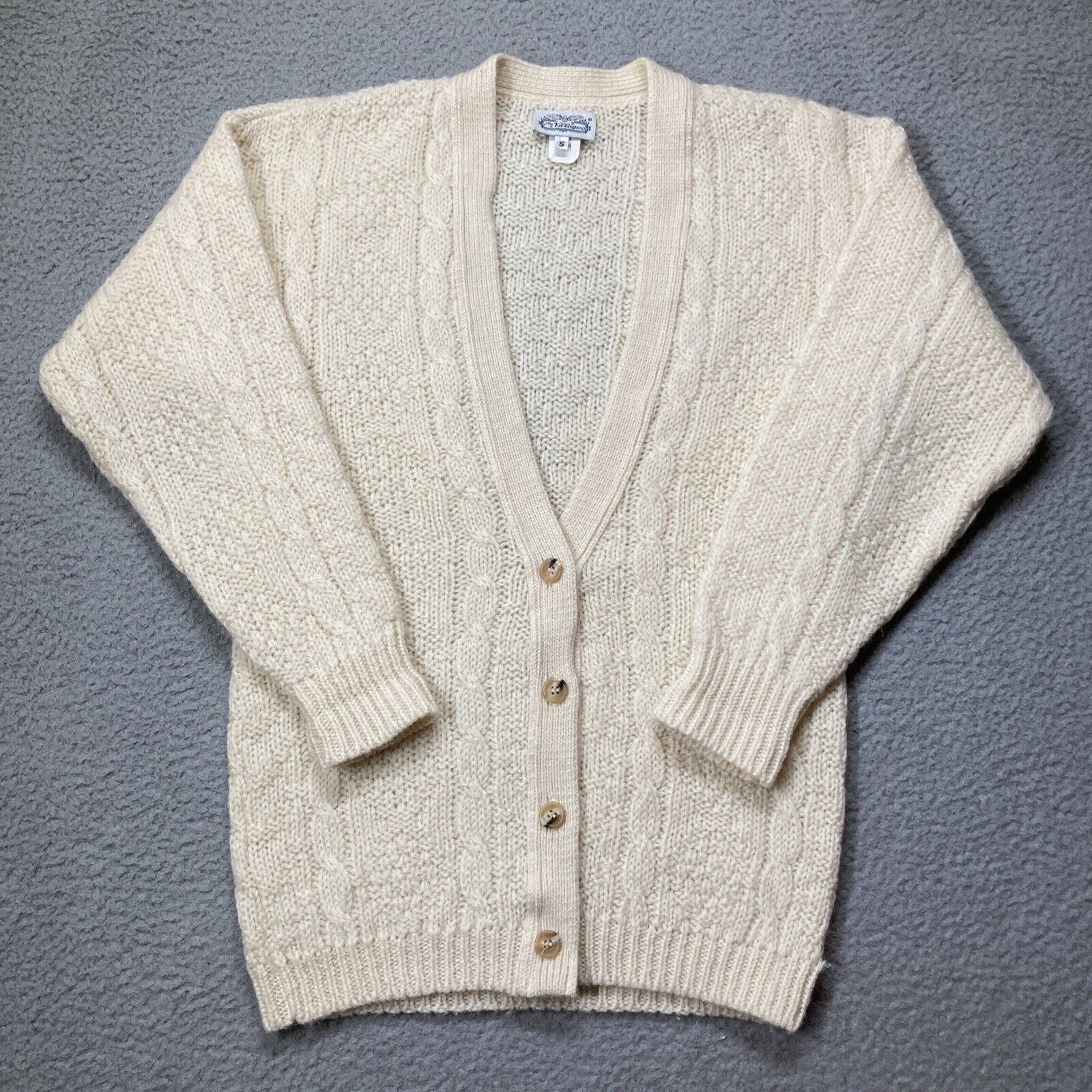 Vintage The Villager Ivory 100% Wool Cardigan Sweater Small