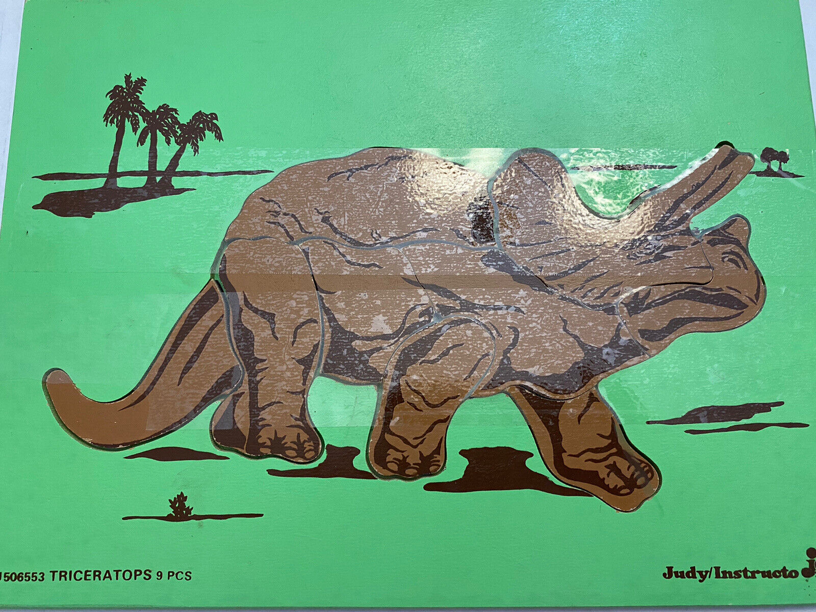 VTG TRICERATOPS Dinosaur WOODEN TRAY PUZZLE By Judy Instructo 9 Pieces 9 X 12
