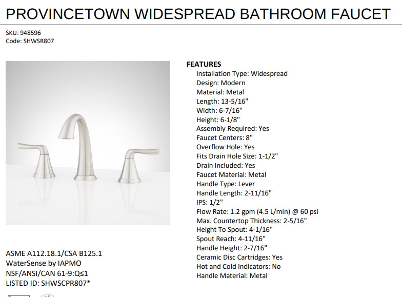 Signature Hardware 447901 Provincetown 1.2 GPM Widespread Bathroom Faucet Chrome