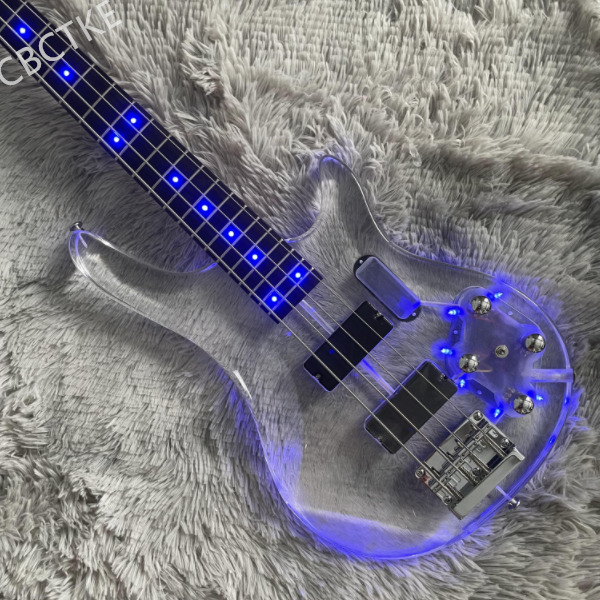 4 String Acrylic Body Electric Bass Guitar 24-F Blue LED Light Chrome Hardware