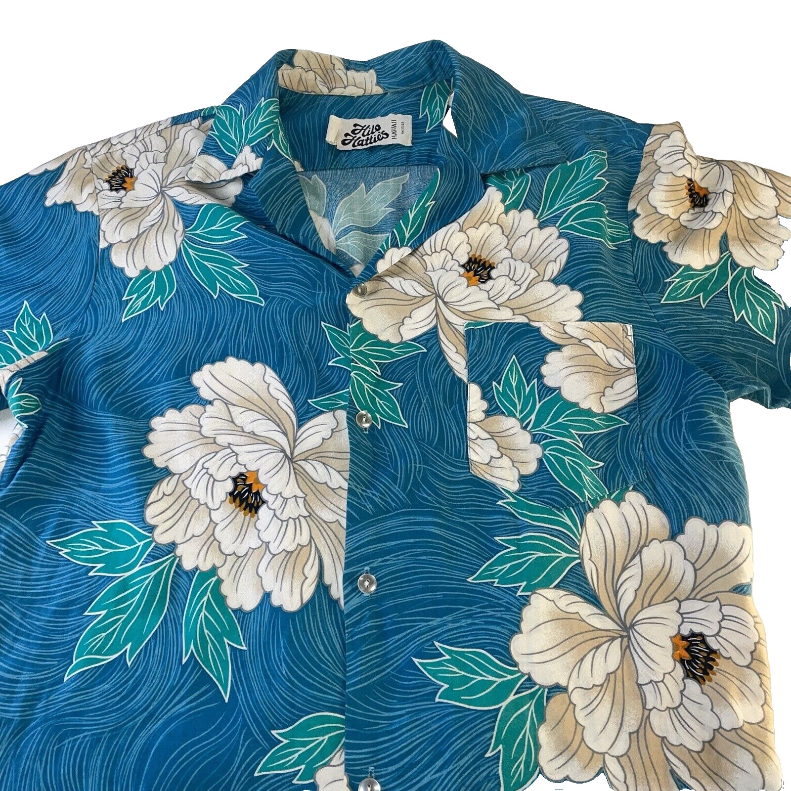 Vintage Rare Hilo Hattie Hawaiian  Mens Shirt Size Large Blue Floral Paradise