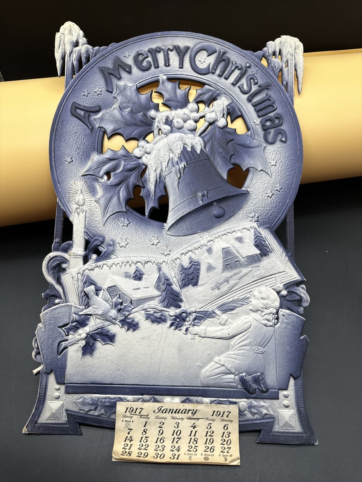 Antique 3D 1917 Christmas 3D Calendar All Months Rare Blue Antique Great Cond