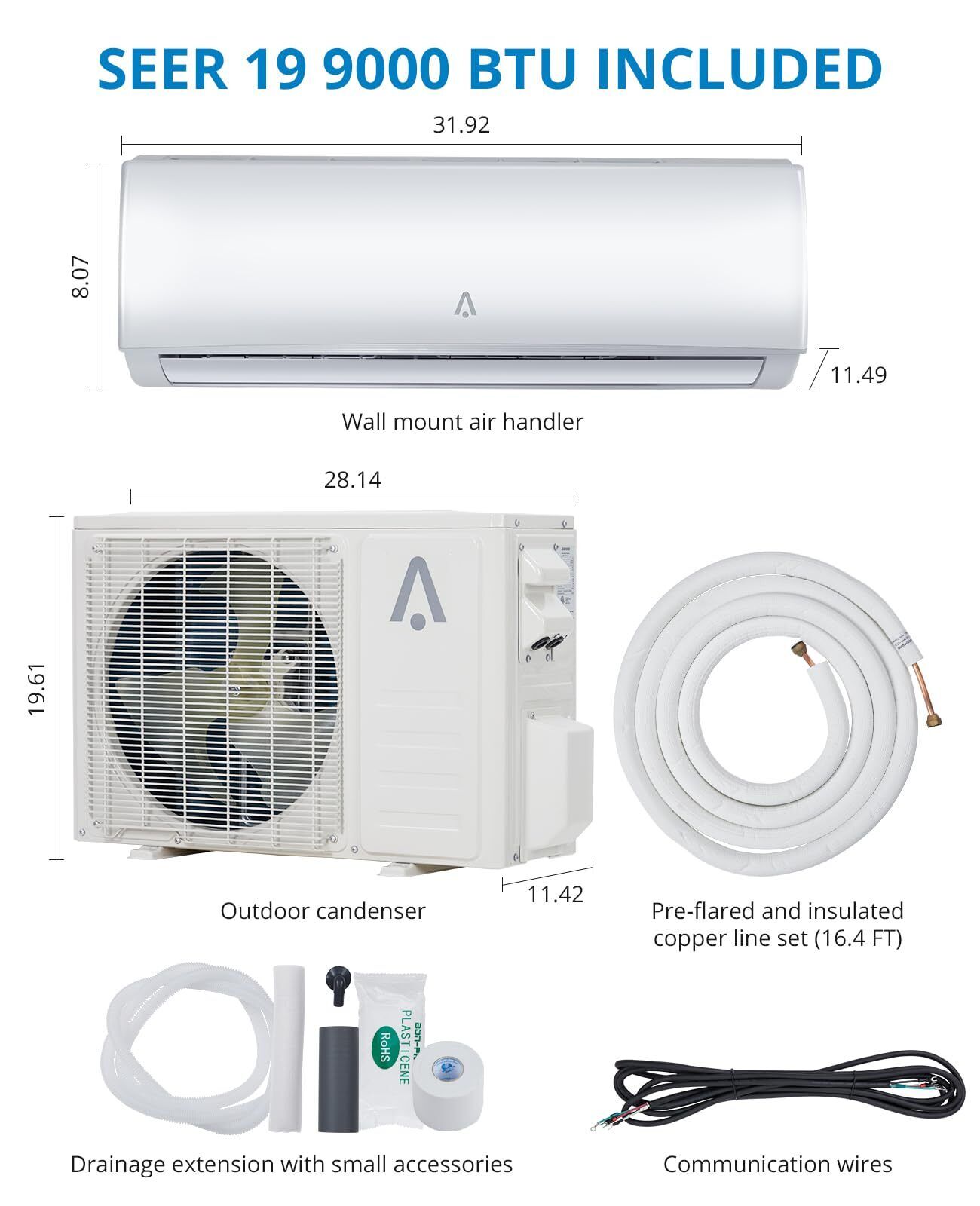 9000/12000/24000/36000BTU Mini Split Air Conditioner Inverter 19 SEER2 Heat Pump