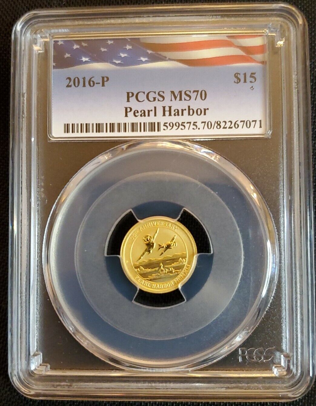 2016 P $15 .9999 Gold Pearl Harbor 75th Anniversary PCGS MS70 1/10 oz Tuvalu