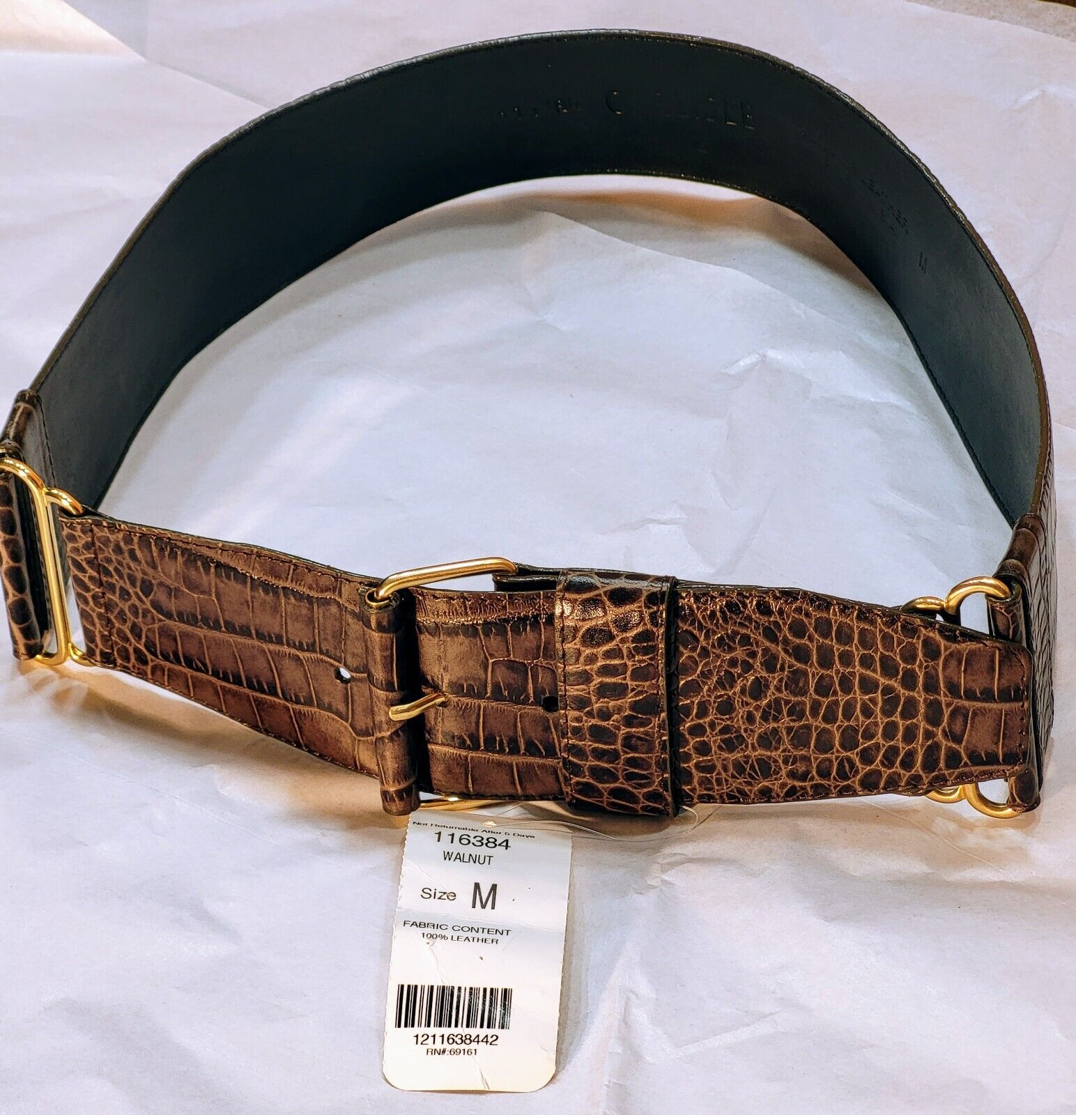 Carlisle  Leather Reptile Embossed Brown Belt w Gold Tone Accents Size Med