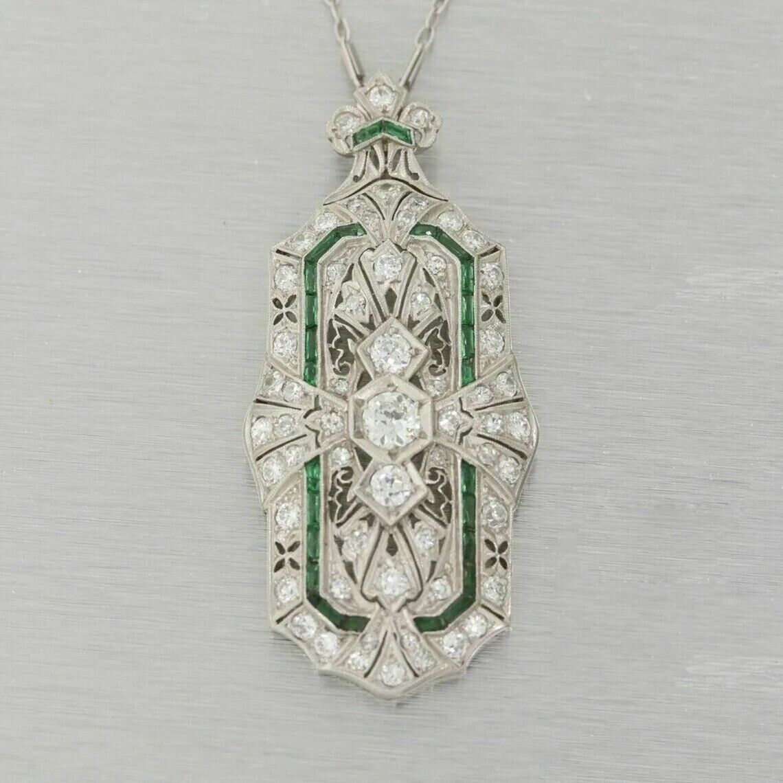 Art Deco Vintage Style Lab Created Diamond & Emerald Wedding 925 Silver Pendant