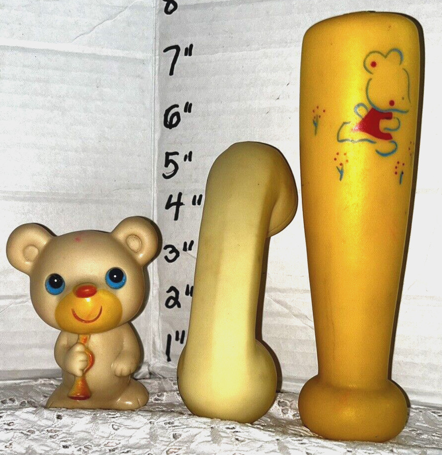 Vintage Lot of Rubber Squeak Toys for Baby: Bat, Phone & {Bear Still squeaks} J