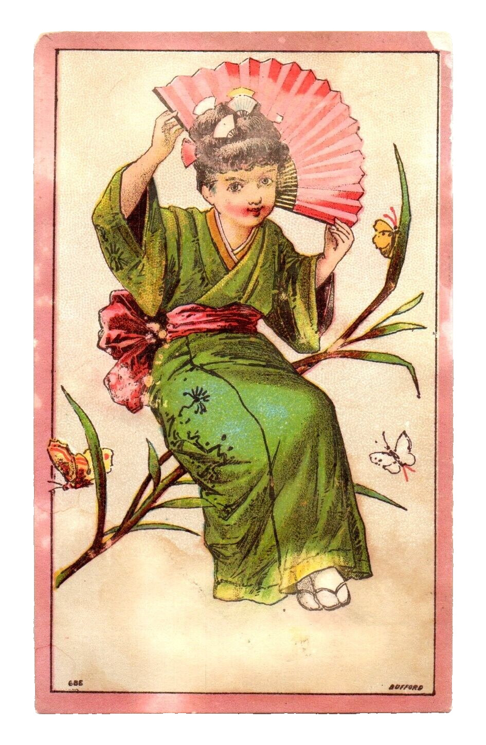RARE c1890 Dr. Swett\'s Root Beer Trade Card Temperance Drink Japanese Geisha Fan