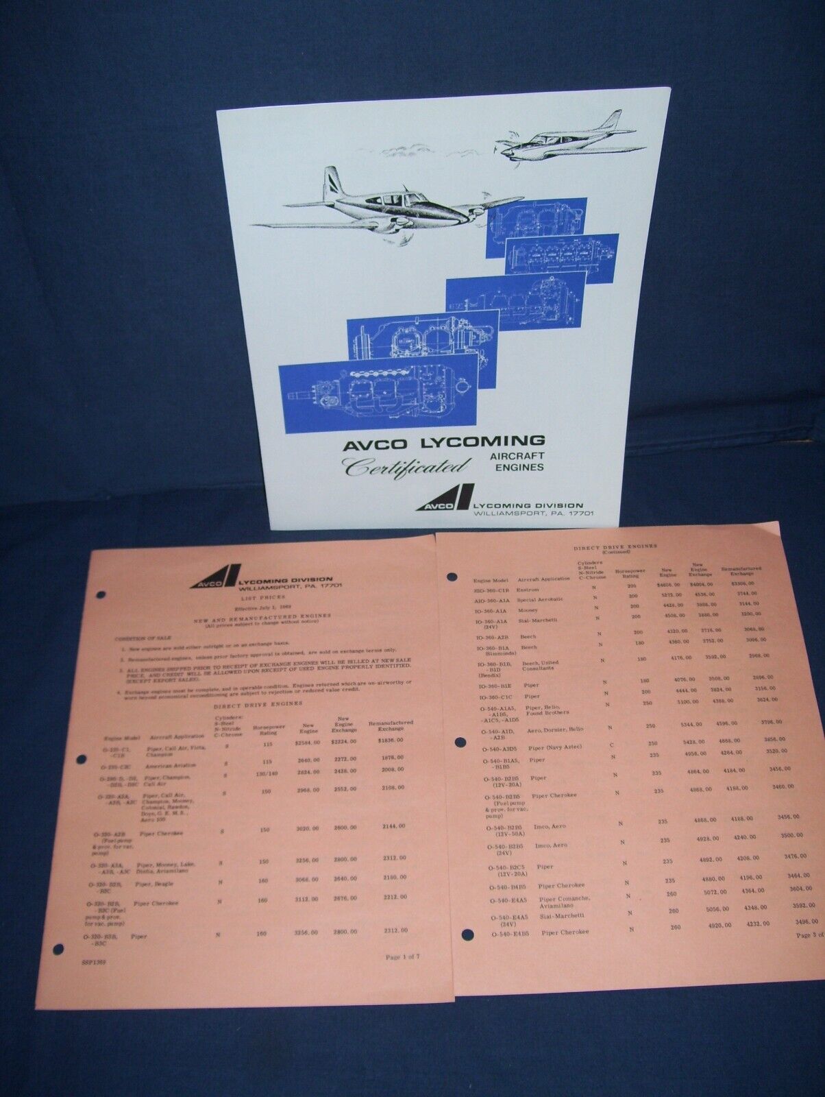 Vintage Avco Lycoming Service Performance Flyer and List Price Sheet Used 1969