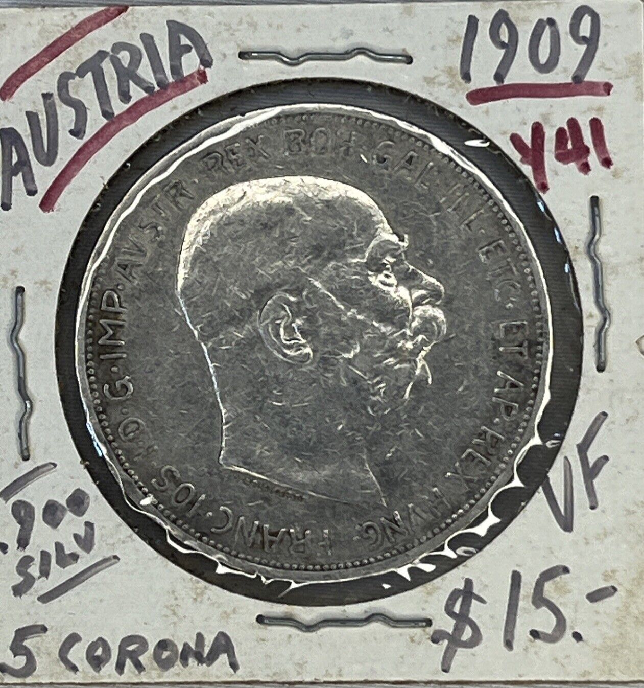 AUSTRIA, Franz Joseph I, 5 Corona 1909, Schwartz, VF Xw