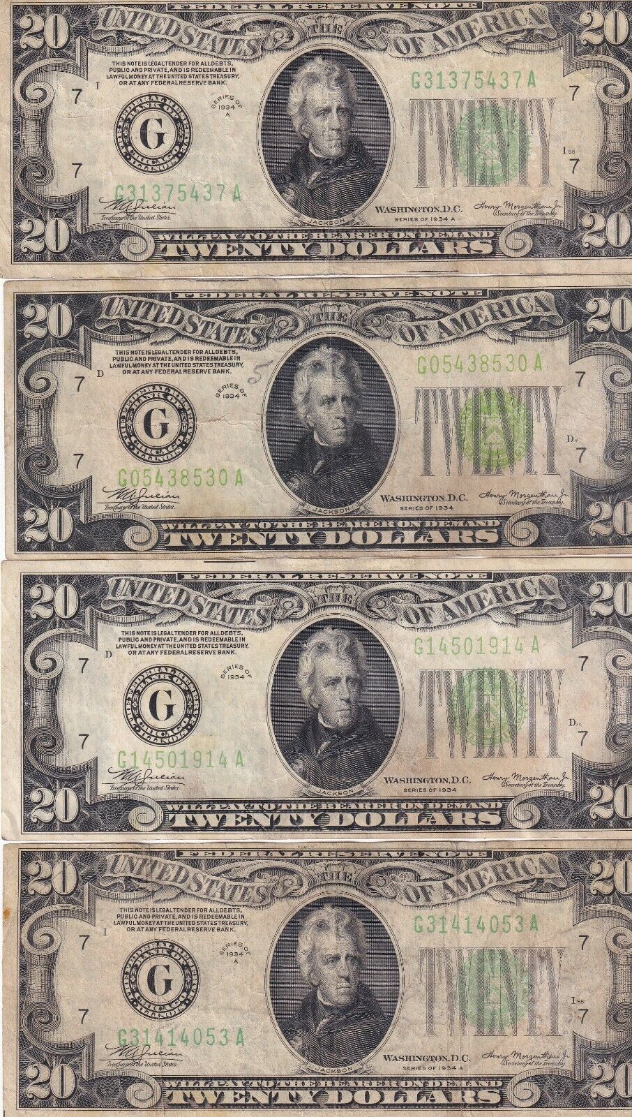 LOT OF A 1934A TWENTY FEDERAL RESERVE NOTES IN FINE CONDITION