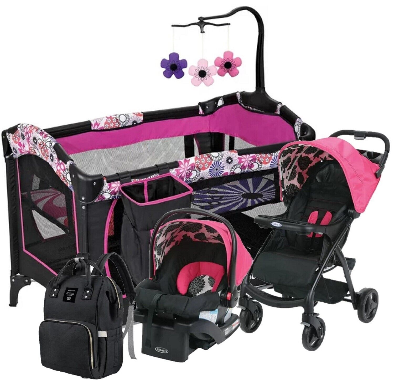Newborn Baby Girl Pink Stroller With Car Seat Playard Diaper Bag Travel Combo