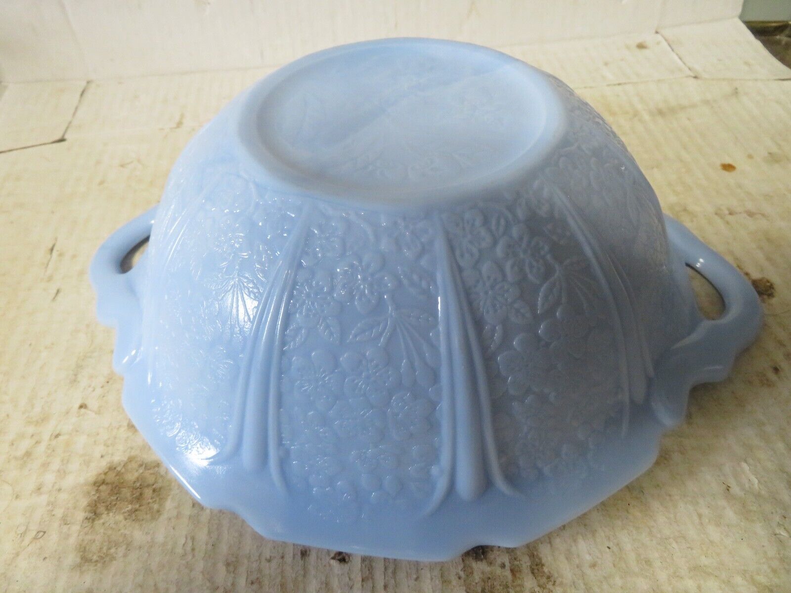 Jeanette Cherry Blossom Delphite Blue Depression Glass 2 Handle Bowl