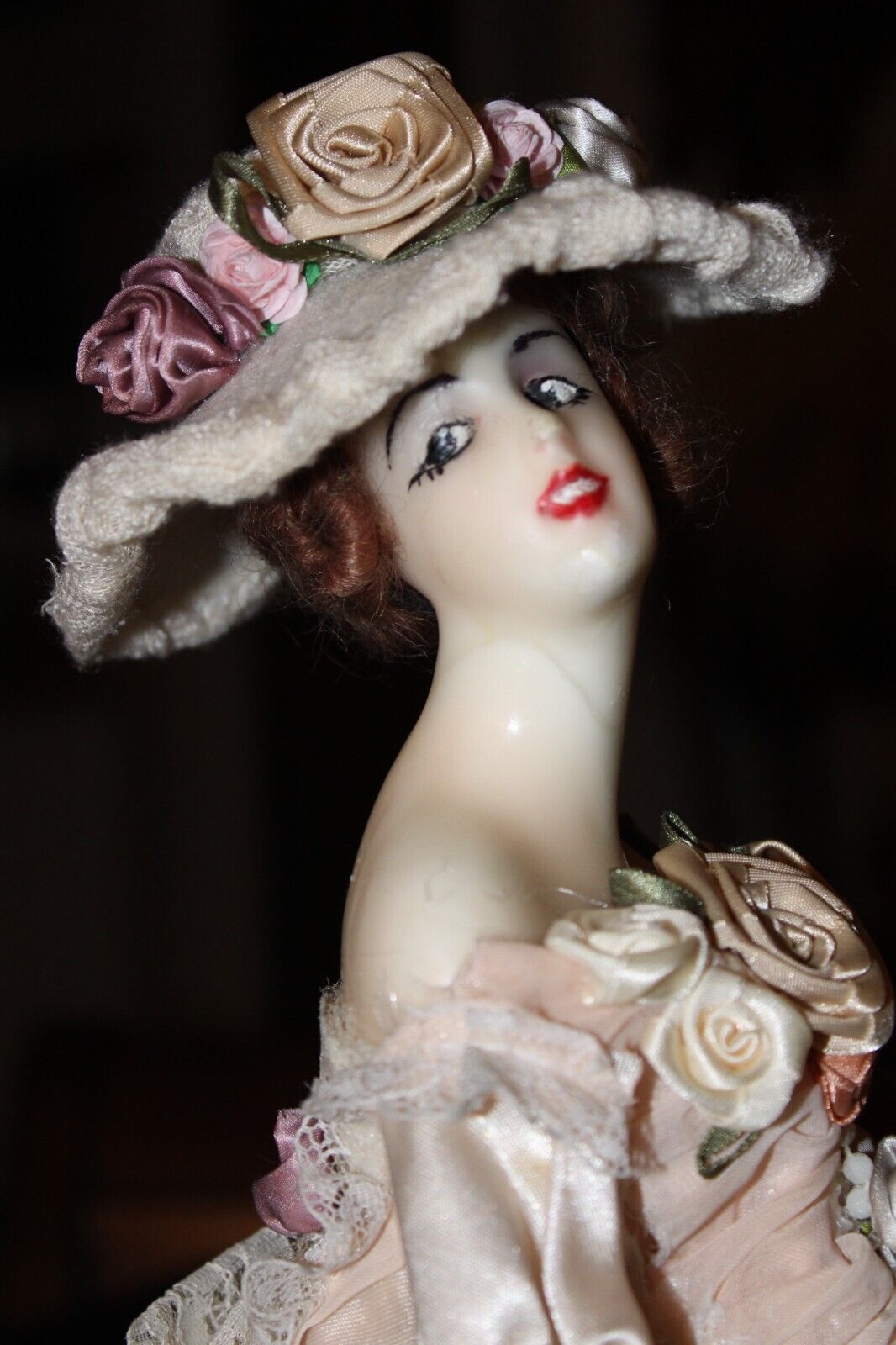 Elegant Antique Wax Doll from the Early 1900s Costumed in Fine Pink & Purple