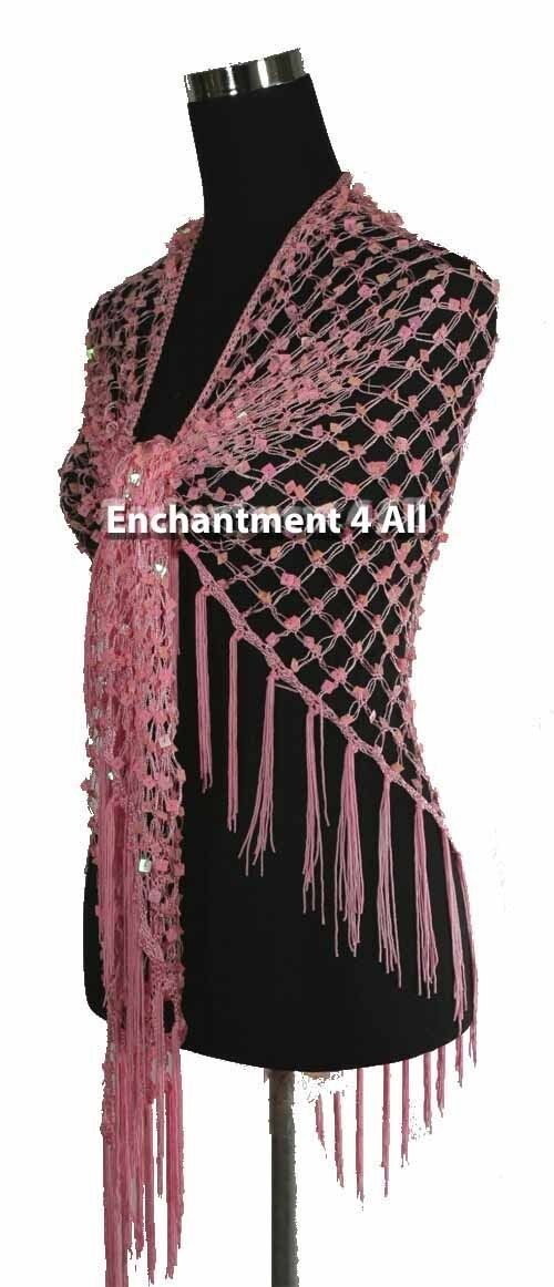Exotic Crochet Net Sequins Belly Dance Hip Scarf, Pink