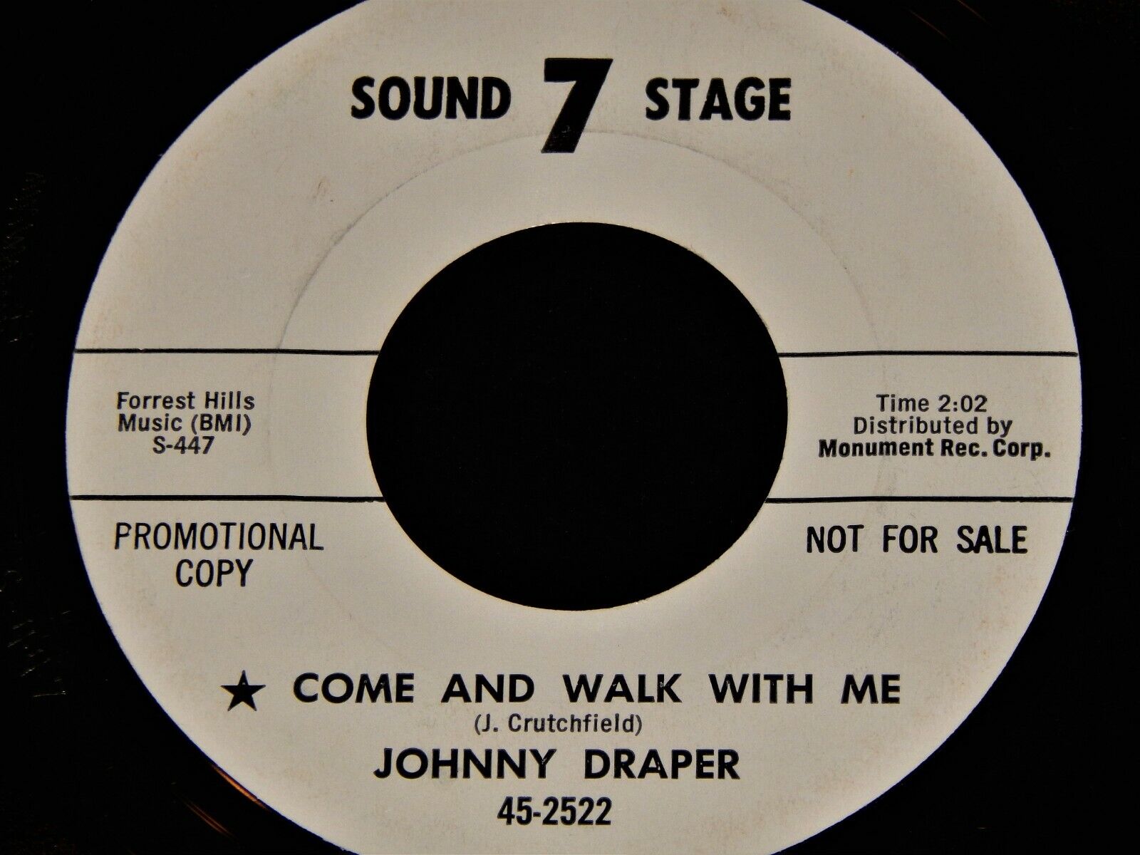Vintage Record, JOHNNY DRAPER: COME AND WALK WITH ME, RARE PROMO,45rpm,1964,Rock