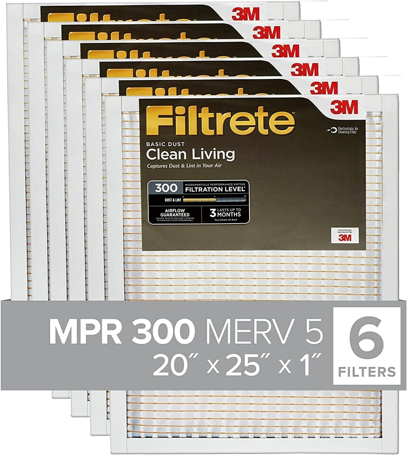 Filtrete 20x25x1 Air Filter MPR 300 MERV 5, Clean Living Basic Dust, 6-Pack