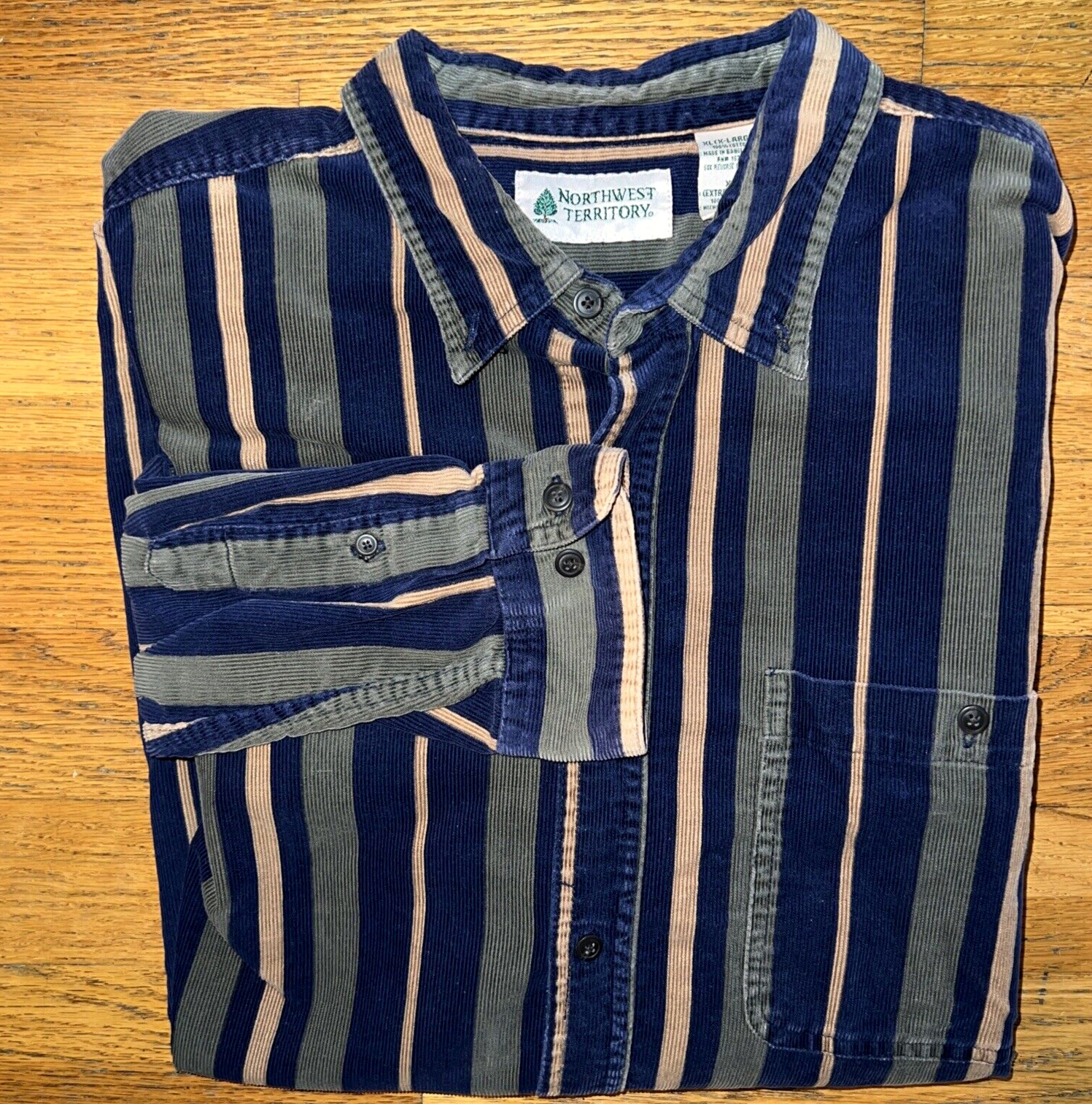 Vintage 90s Northwest Territory Mens XL Striped Corduroy Shirt~Blue Button Up