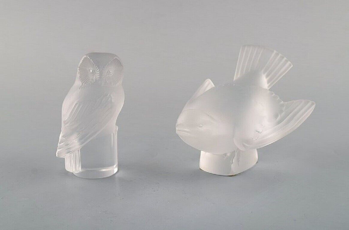 Lalique. Owl and bird in clear art glass. 1960\'s. 