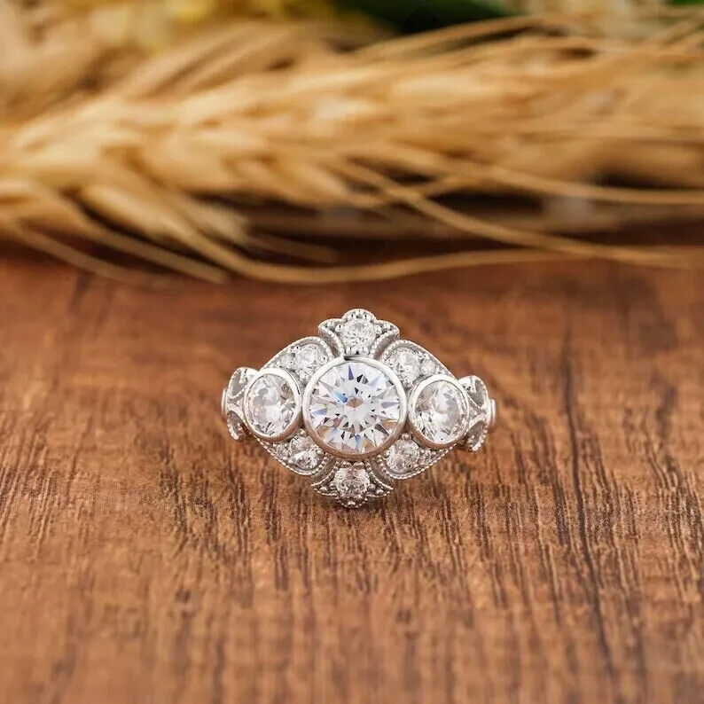 Art Deco Vintage Style Lab-Created Diamond Engagement 14k White Gold Finish Ring
