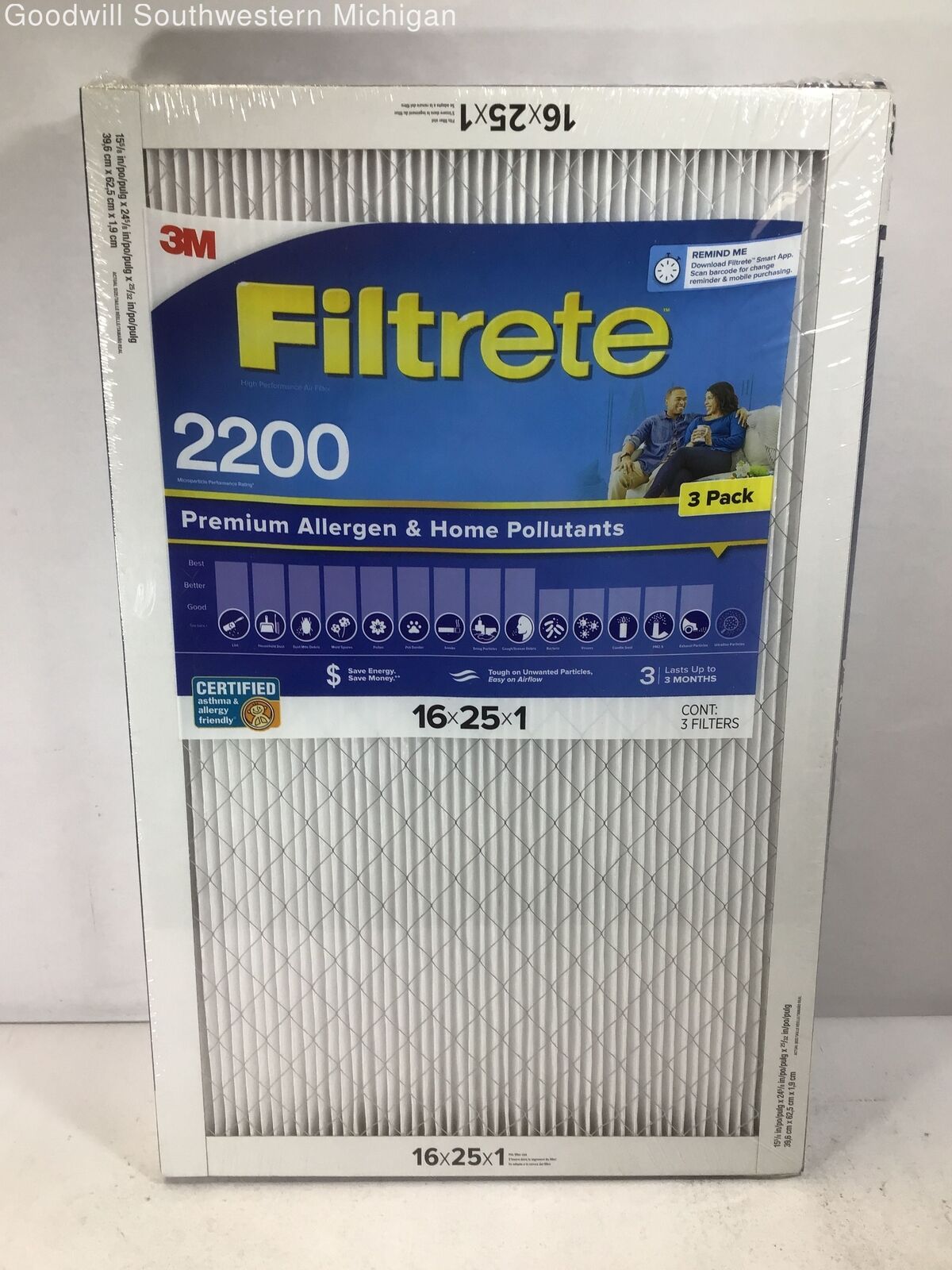3M Filtrete 2200 Premium Allergen Filters 16x25x1 Pack of 3 NEW, Sealed *CREASES