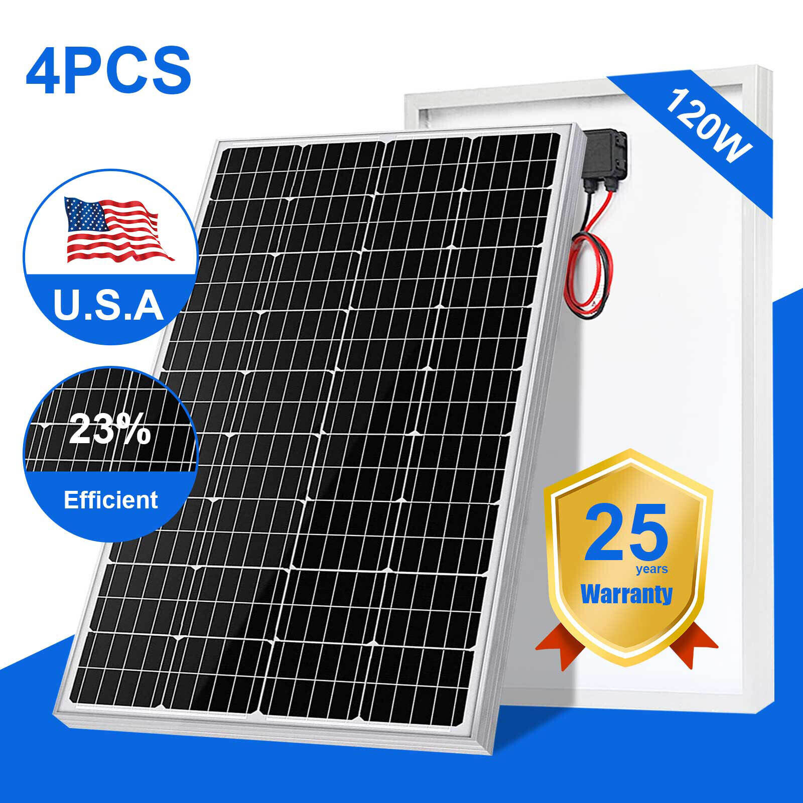 4pcs 120W 12V High Efficiency Mono Solar Panel Off Grid PV Power RV Home Rooftop