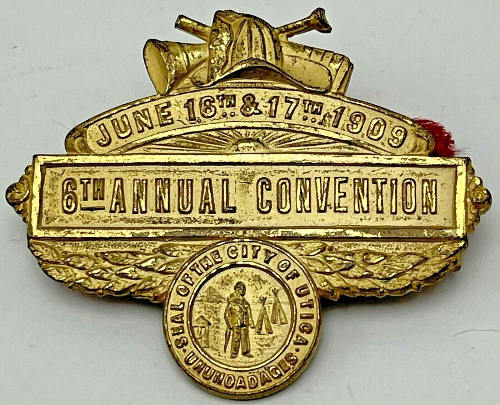 1909 Antique Utica New York Firemen Convention Badge Pin 6th Annual June 16 17