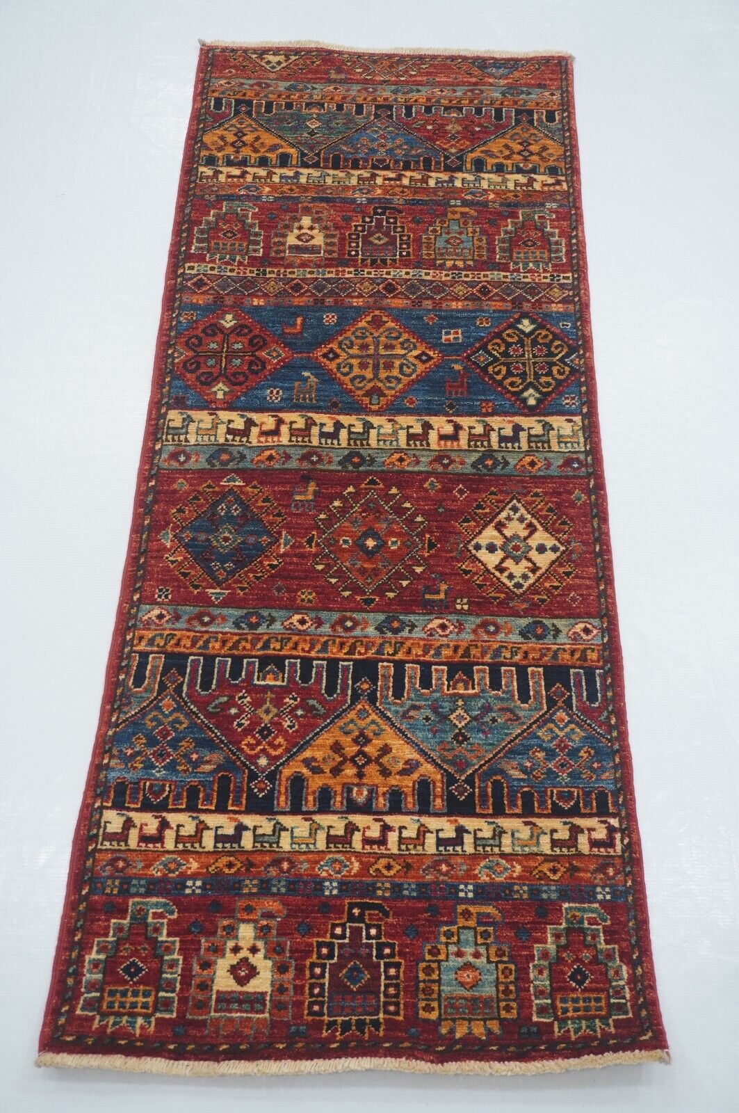 2 x 5 ft Red Gabbeh Animal Afghan Hand knotted Narrow Short Tribal Runner Rug