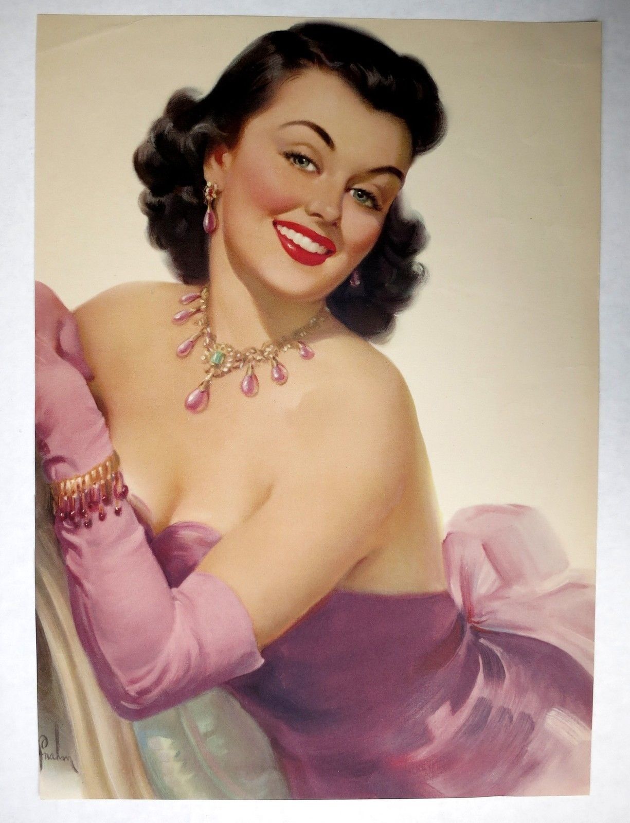 1950s Pinup Girl Picture Girl by Art Frahm Brunette in Jewels and Gloves