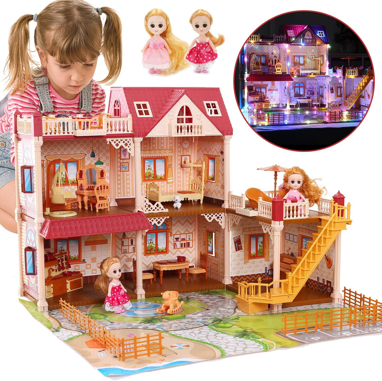 5 Rooms Huge Dollhouse with 2 Dolls and Colorful Light, 26 x 23 x 20 Doll House