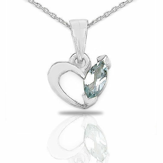 925 Sterling Silver Marquise-Cut Blue Topaz Love Heart Pendant Necklace 0.30CTW