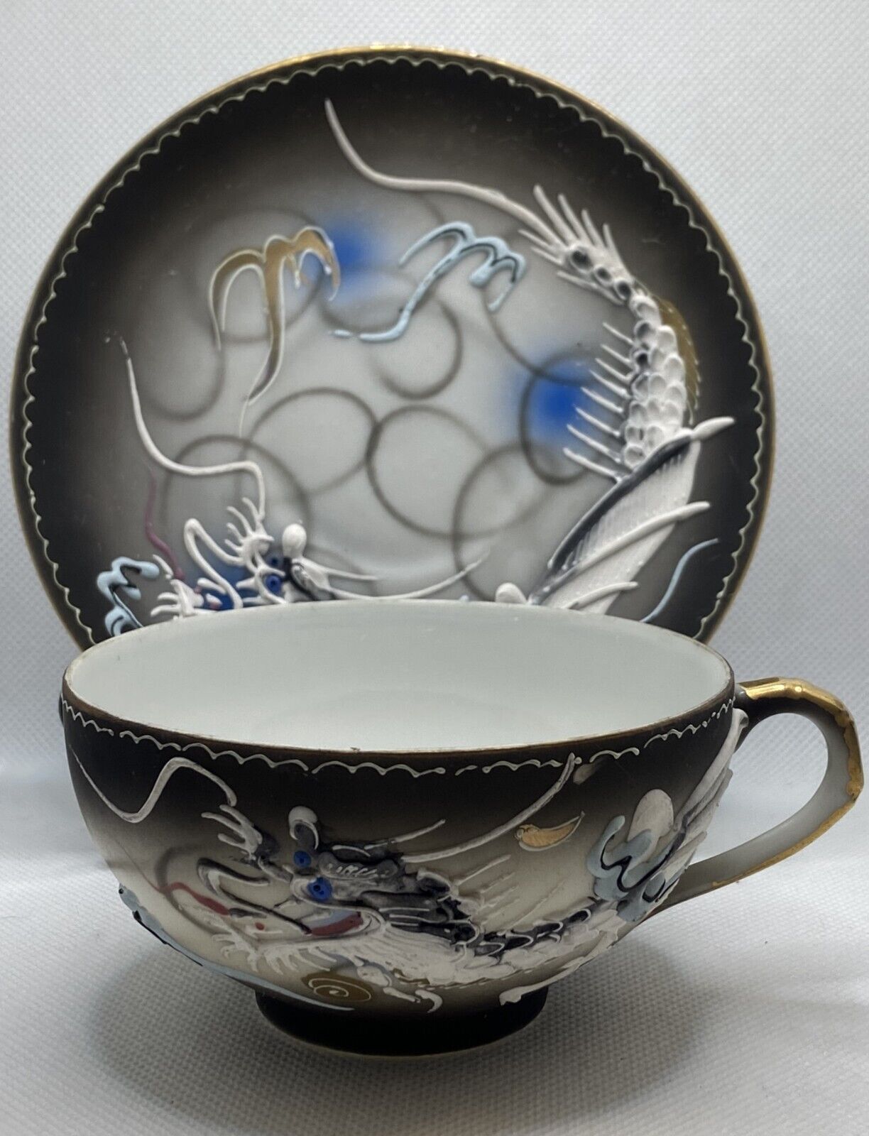 Vintage Raised Dragon Dragonware Moriage Geisha Lithophane Cup Saucer