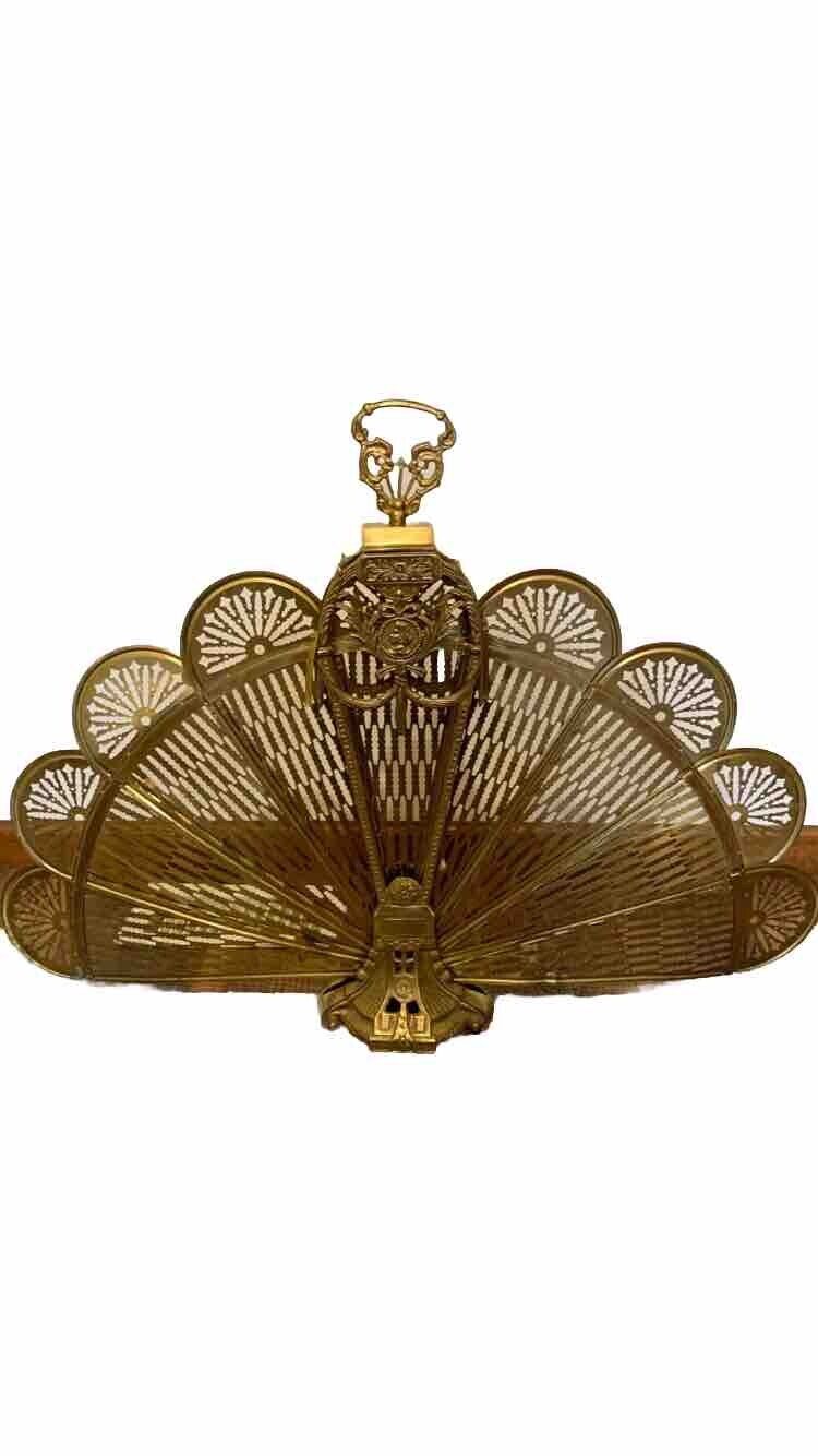 Vintage Brass Victorian Fireplace Screen Folding Peacock Fan w/ Cameo 37.5\