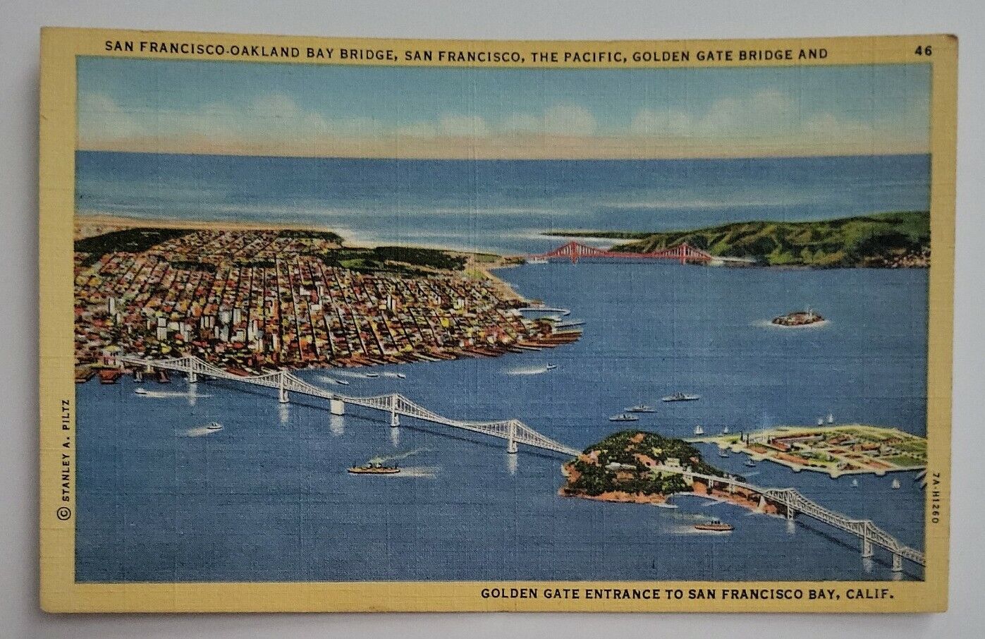 San Francisco CA~San Francisco Oakland Bay & Bridge Air View~Vintage Postcard