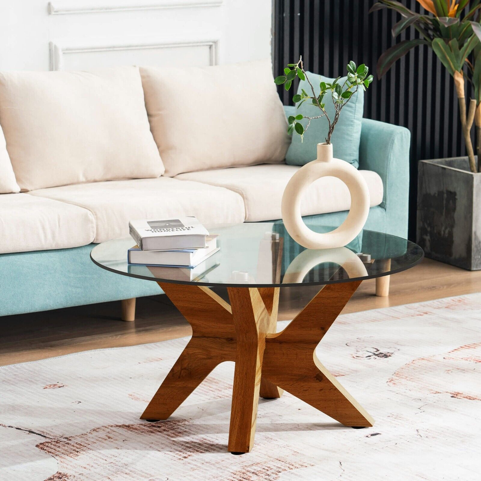Ivinta Modern Round Glass Coffee Table with Cross Wood Legs for Living Room
