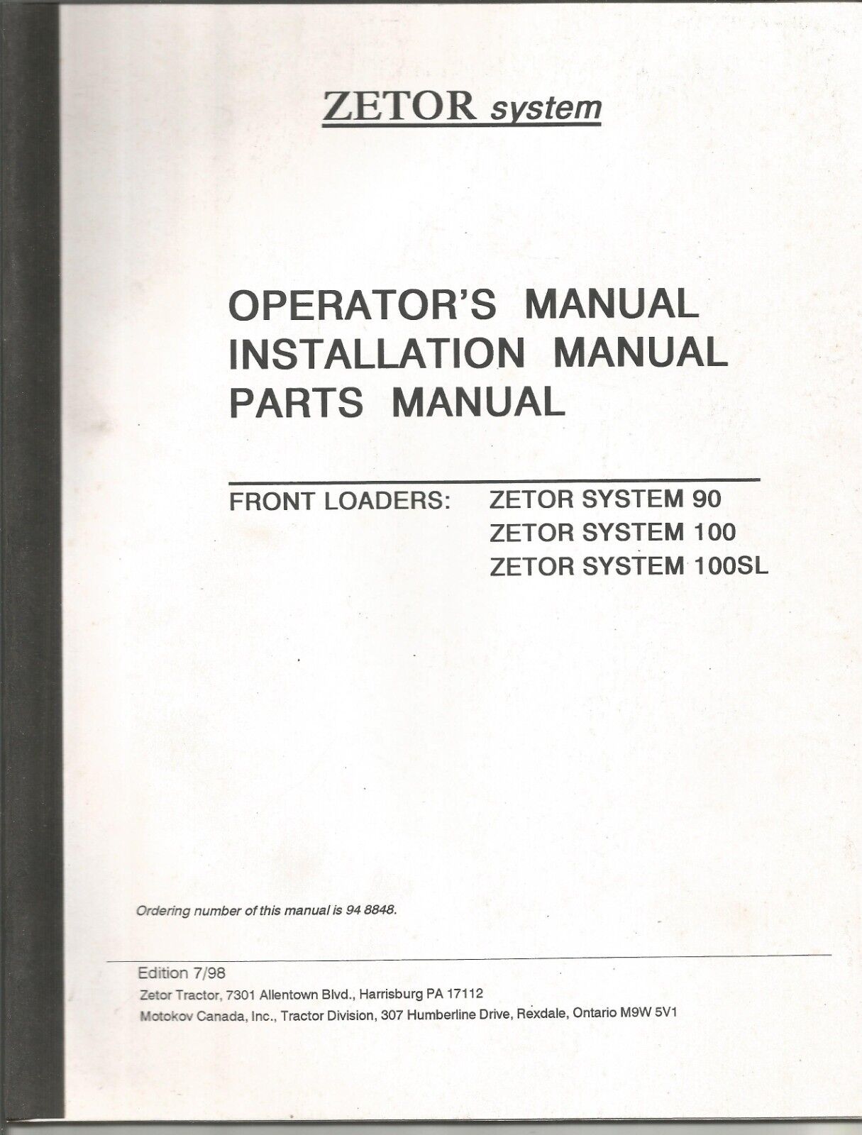 Original Zetor System 90 100 100SL Loader Operator\'s Installation Parts Manual