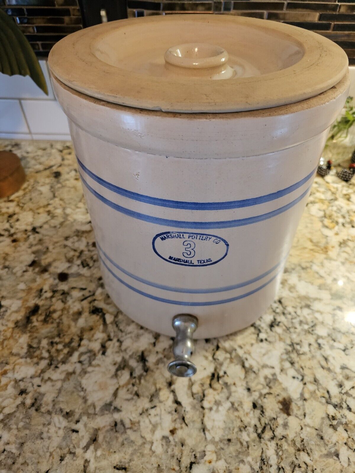 Water Crock - 3 Gal Marshall Texas Co - Pottery W/Lid Blue Double Stripped. VTG 