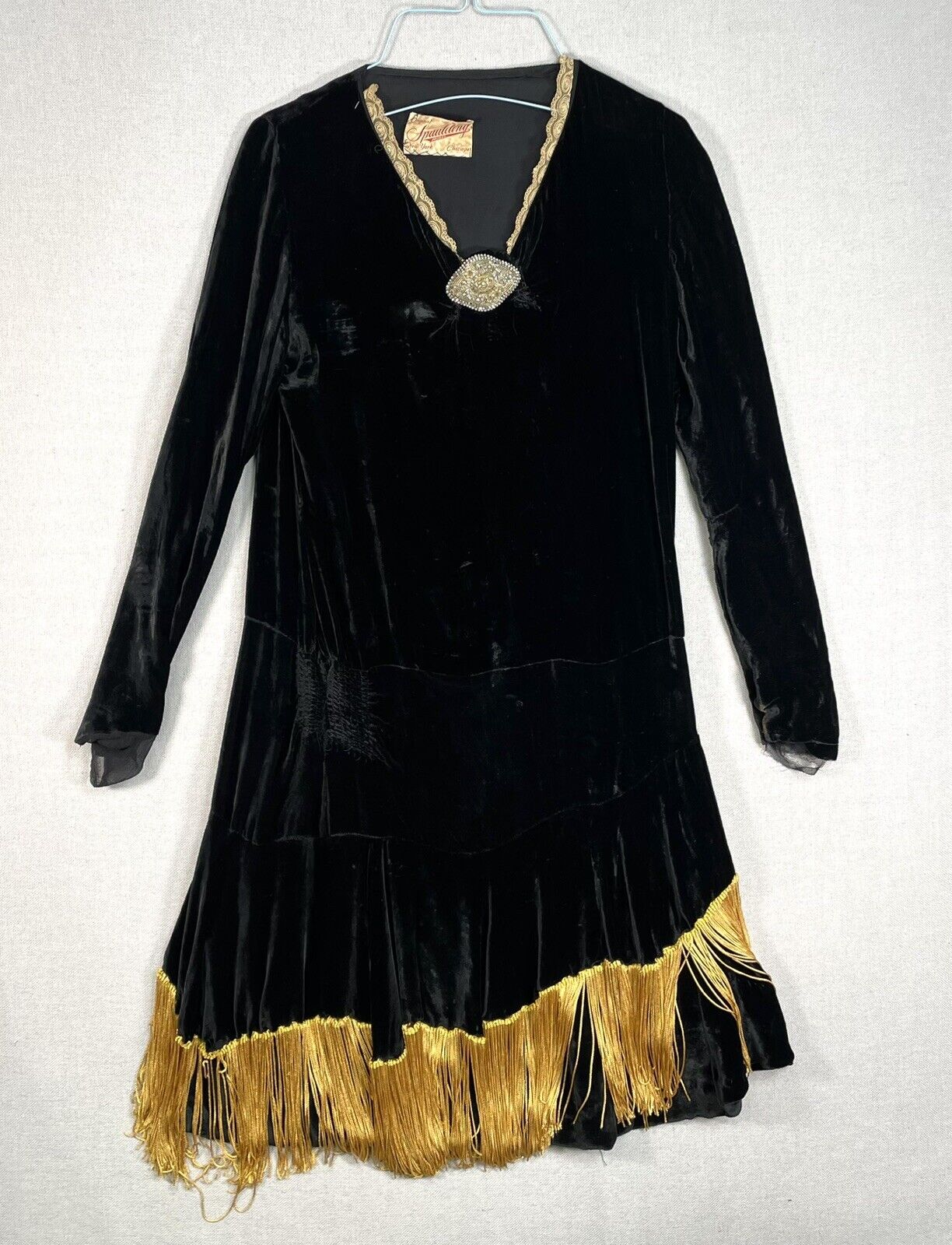 ANTIQUE 1920s Black Gold Velvet Dress Fringe Long Sleeve Vintage 20s 30s A23