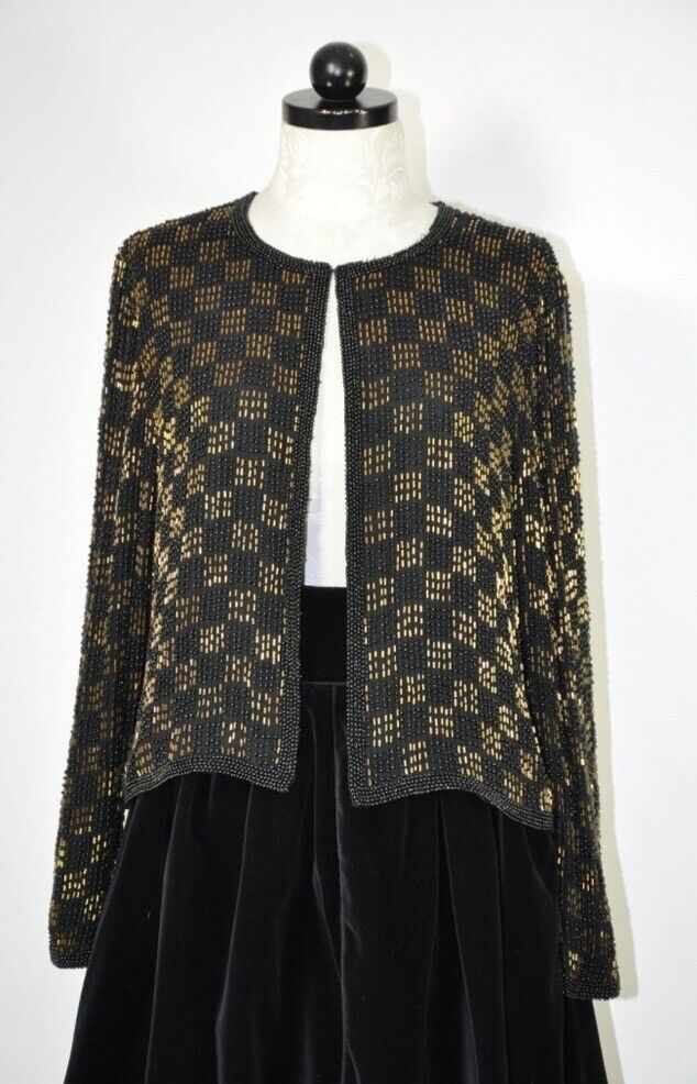 VINTAGE black & Gold Beaded Checkered Shrug 100% Silk Perfect Condition Large