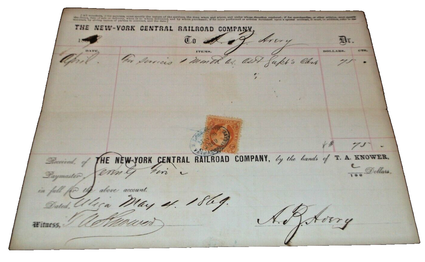 APRIL 1869 NEW YORK CENTRAL RAILROAD NYC PAYMASTER VOUCHER A B AVERY UTICA