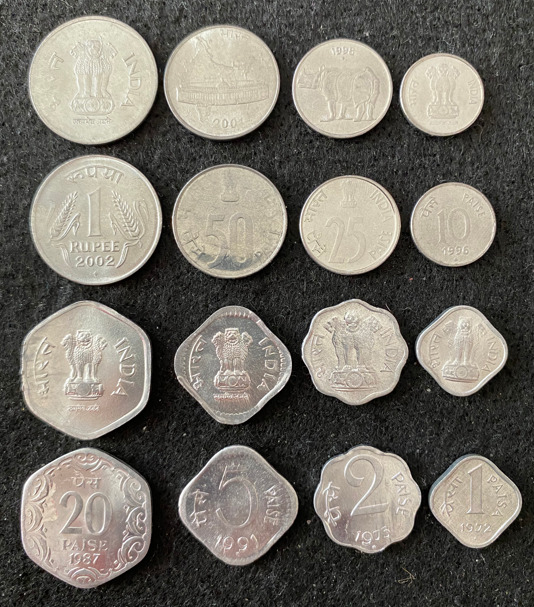 India 8 Coins Set 1 Rupee, 1, 2, 5, 10, 20, 25, 50 Paise UNC World Coins