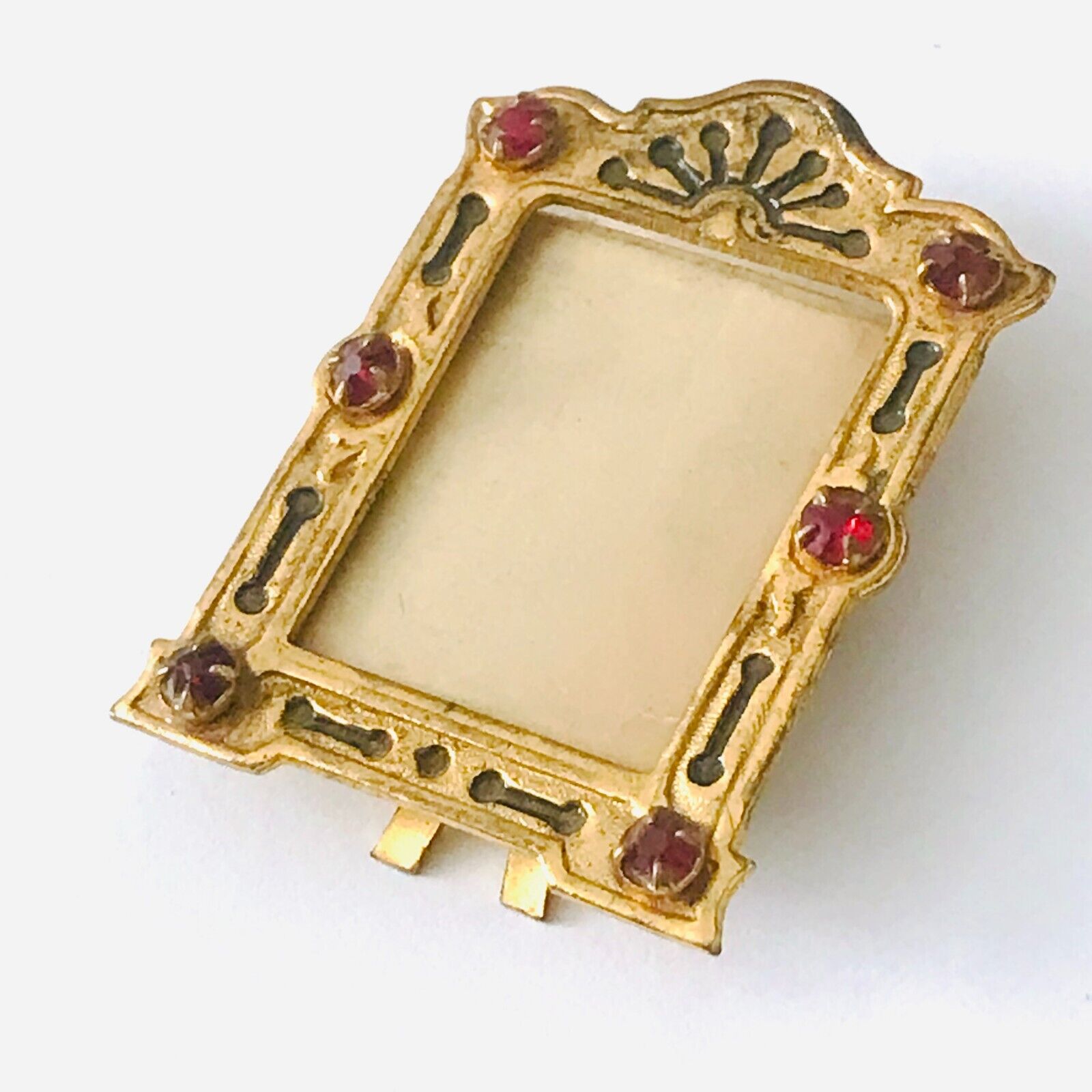 Antique Dollhouse Miniature Picture Frame Red Rhinestones Brass Easel Back