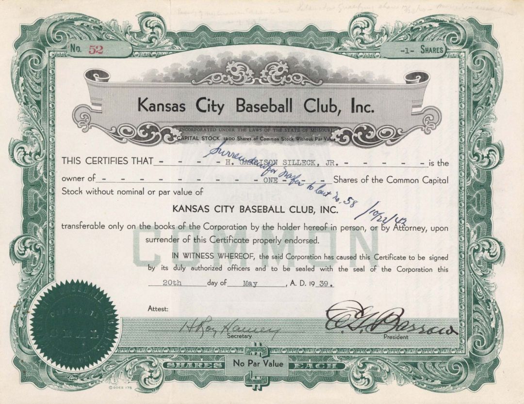 Kansas City Baseball Club, Inc. signed by E.G. Barrow - Stock Certificate - Spor
