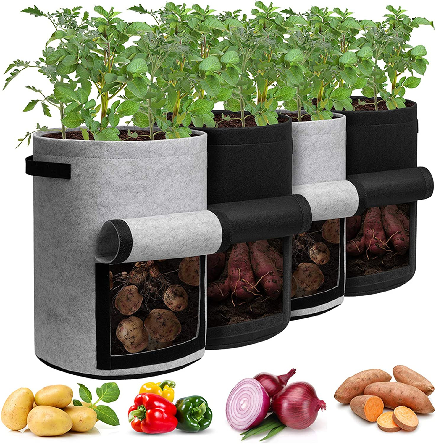 4 Pack Potato Grow Bags with Flap 10 Gallon  Planter Pot with Handles