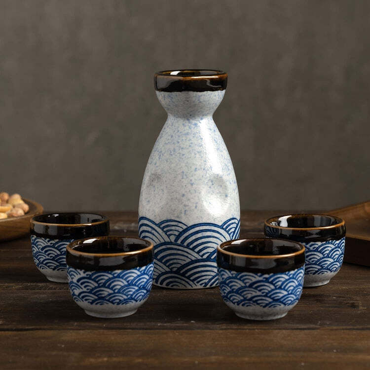 Japanese Glazed Ceramic Sake Set with Serving Carafe and 4 Sake Cups, Sake Set