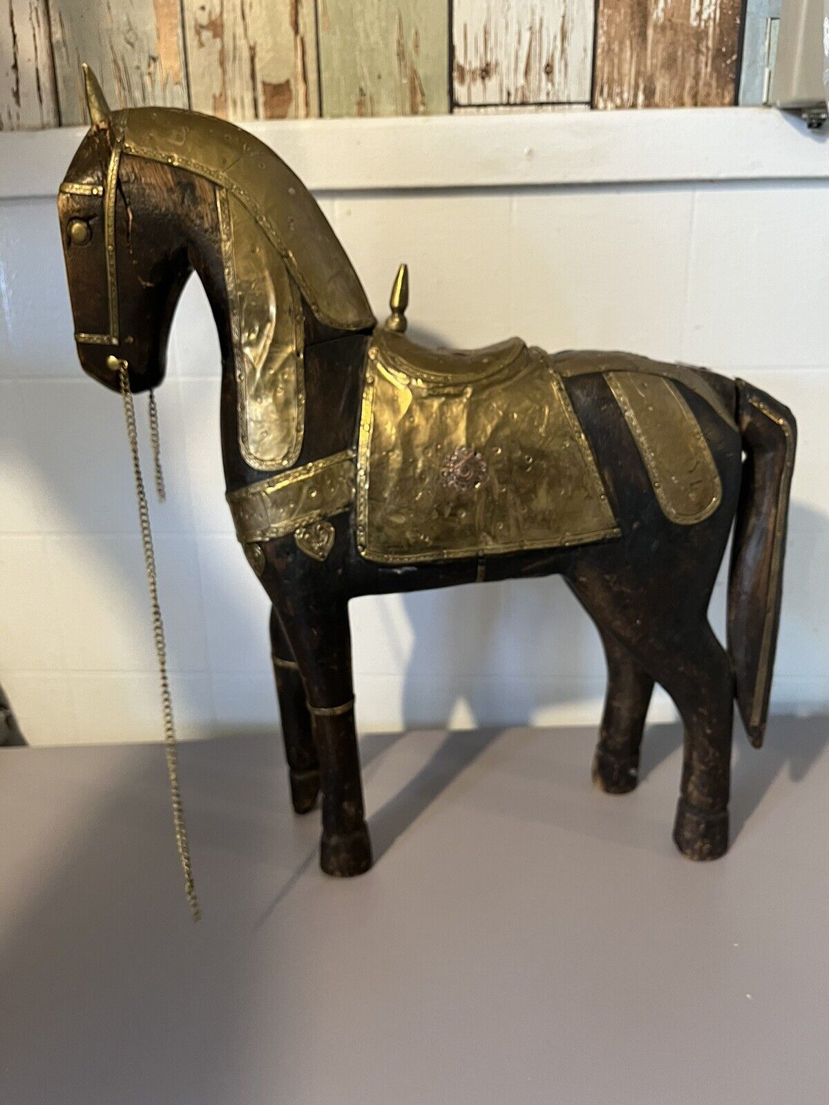 Vintage Large Hand Carved Wooden Horse With Brass Saddle And Details 