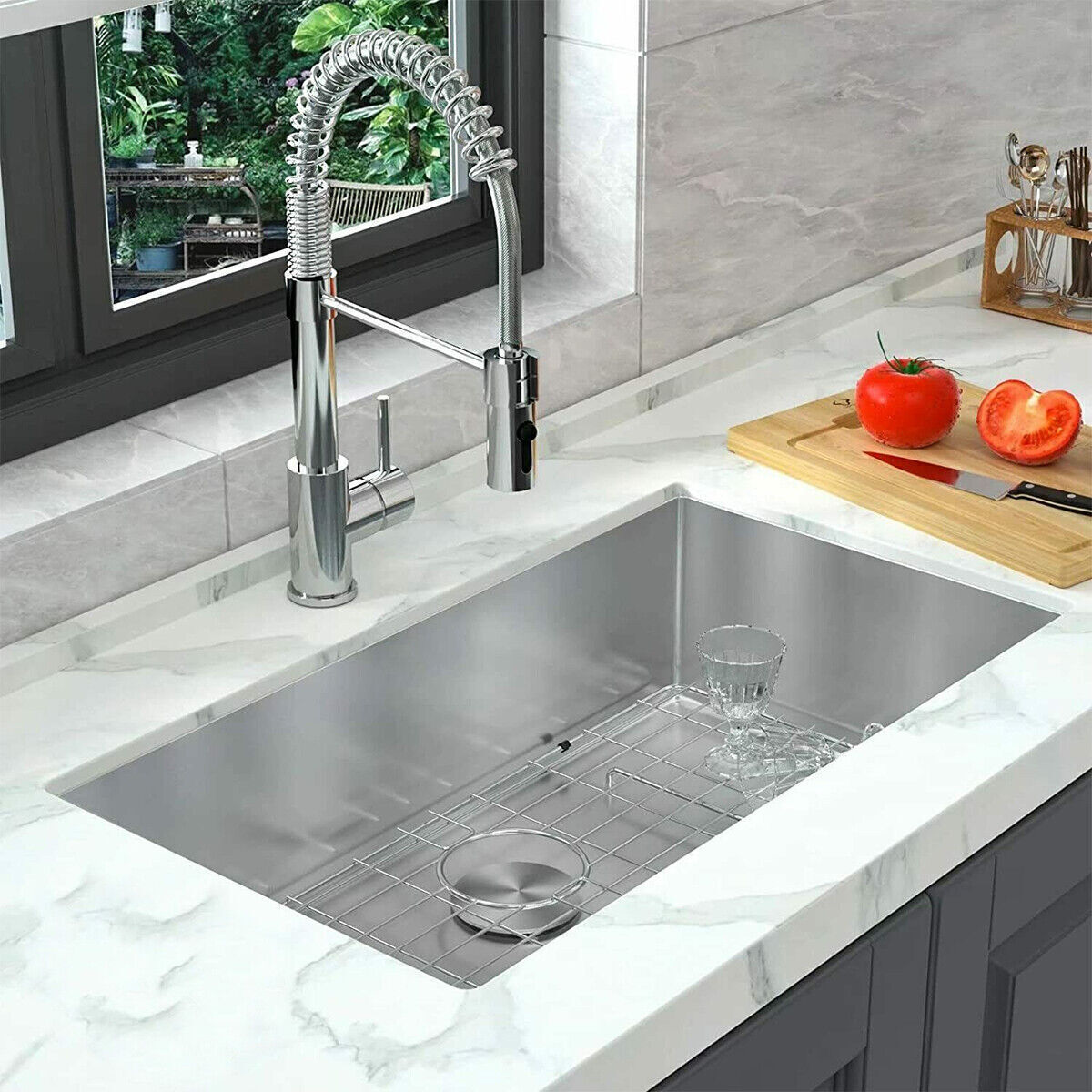 Kitchen Single Bowl Sink with Faucet Stainless Steel Undermount Sink 30x18x9 in