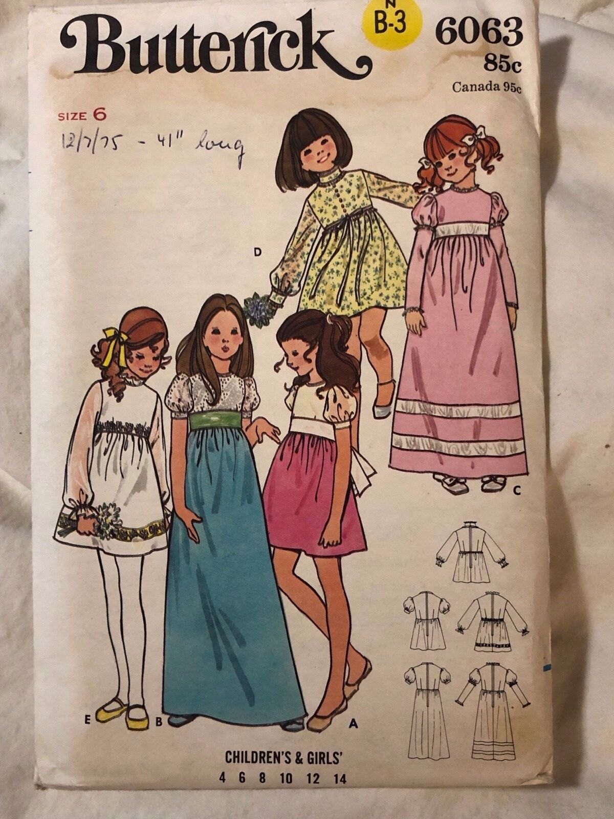 Vintage Butterick Pattern 6063 Long or Short Dress Child Girl Size 4-14