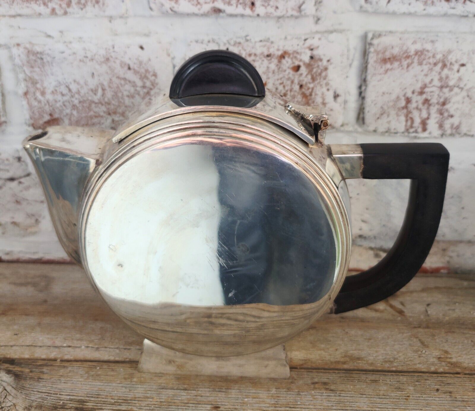 C.1930\'s-40\'s Art Deco Silver Plate Tea Pot. Ebony Wood Handle-Bakelite Finial.