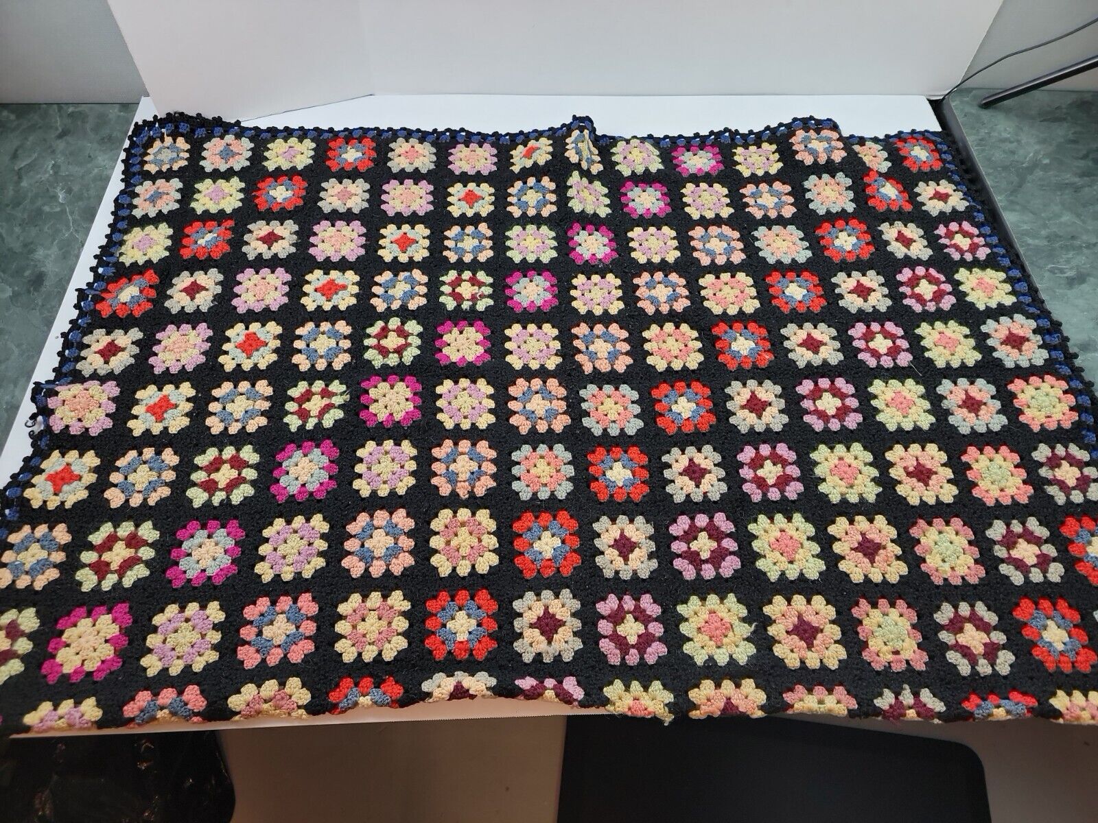 Vintage Multicolor Crochet Granny Square Roseanne Afghan Quilt Blanket 48\